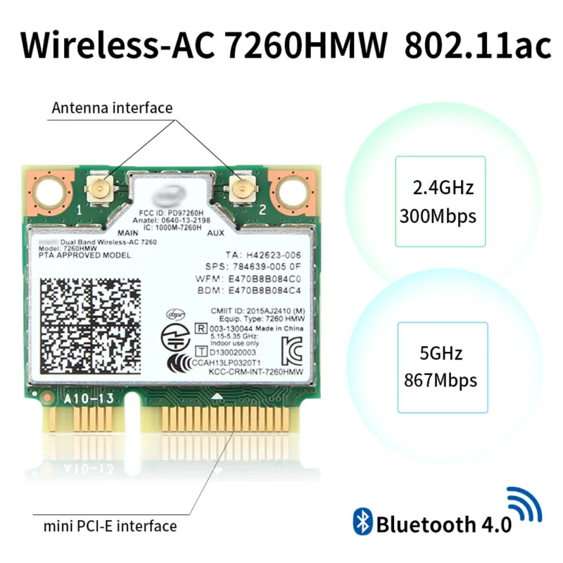 1200mbpsのインテル7260 ac無線lanカードミニpci-e 7260HMWデュアルバンド802.11AC 2.4/5ghzのbluetooth 4.0ワイヤレス無線lan無線lanアダプタ