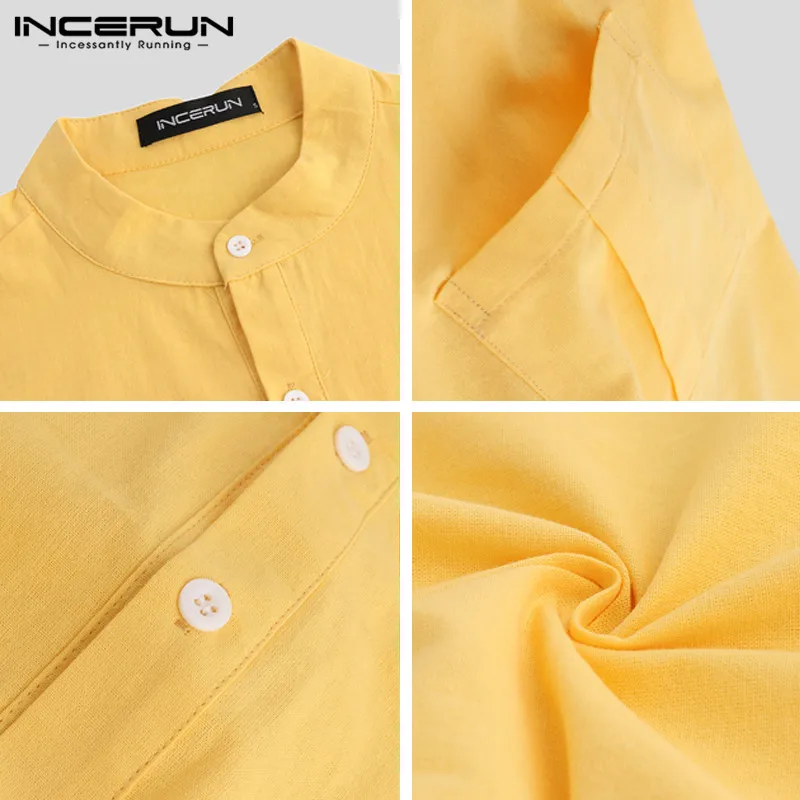 INCERUN Summer Casual Men Shirts Stand Collar Solid Cotton Blouse Short Sleeve Streetwear Brand Shirts Harajuku Camisas Hombre