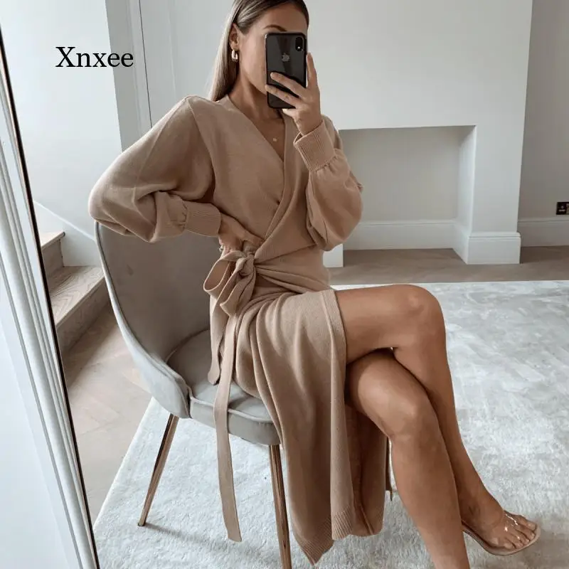 2021 Women's Sexy V-Neck Knitted Skirt Suit Autumn and Winter Bat Sleeve Lace Elegant Party Women's Sweater Dress