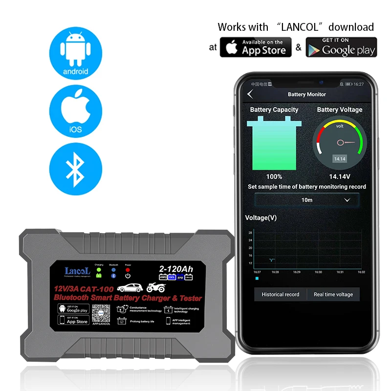 Lancol CAT100 12V 3A Fully Automatic Bluetooth Smart Battery Charger and Tester Maintainer 2 In 1 8 Stages Battery Charger