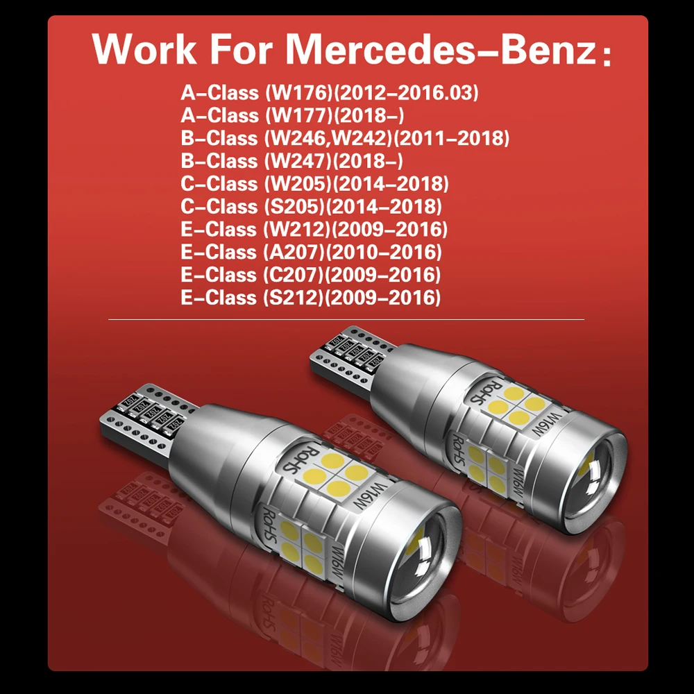 메르세데스 벤츠 W176, W177, W246, W242, W247, W205, S205, W212, A207, C207, S212, A, B, C, E용, 2x LED 역방향 조명, 전구 램프, W16W, T15 캔버스