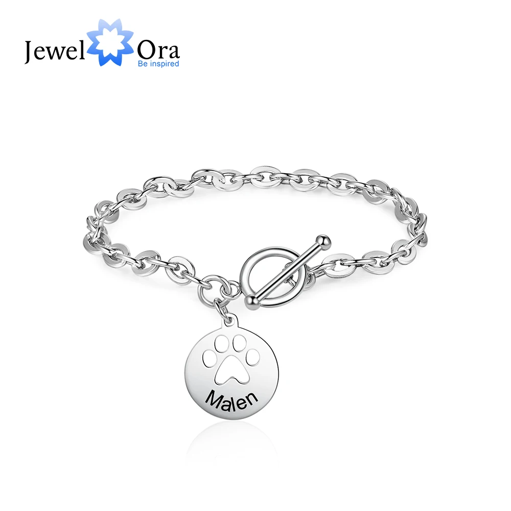 JewelOra Personalized Pet Paw Charm Bracelets for Women Customize Name Engraved Link Chain Bracelet Christmas Gifts for Mother