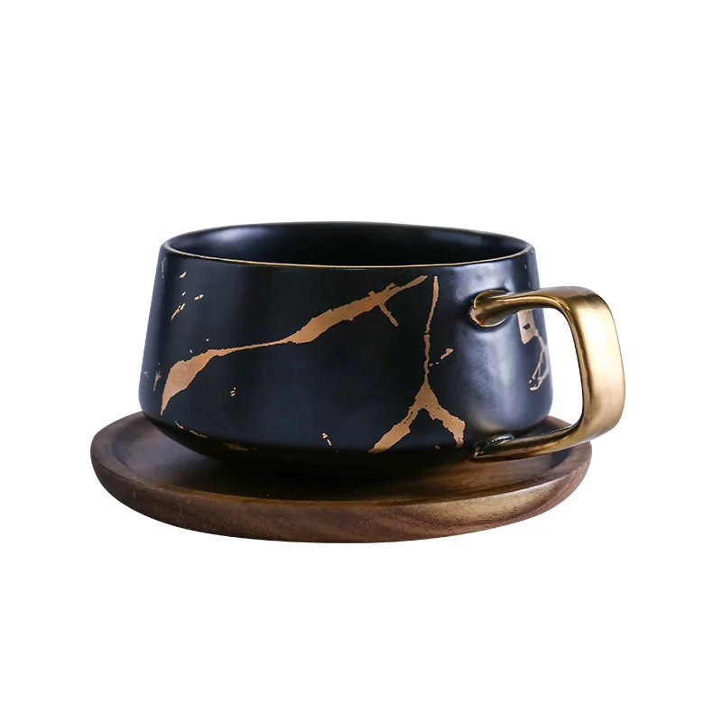 Mármore Cerâmica Caneca com Copos e Pires De Madeira, Matte Gold Coffee Cup, Japonês Preto e Branco Phnom Penh Cup