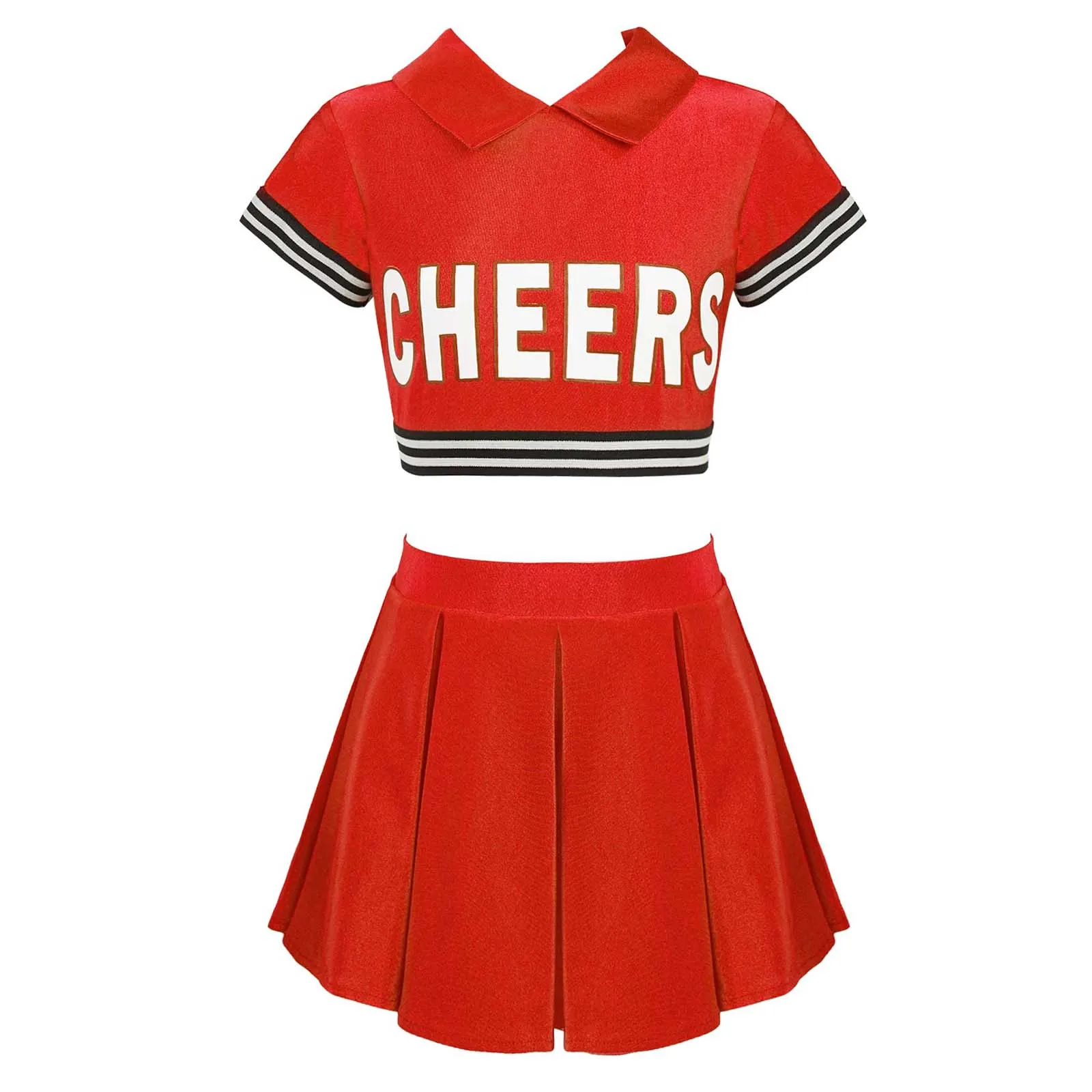 Kids Girls Cheerleading Uniform Cheerleader Outfit Letter Print Zipper Closure Back Crop Top with Elastic Waistband Skirt