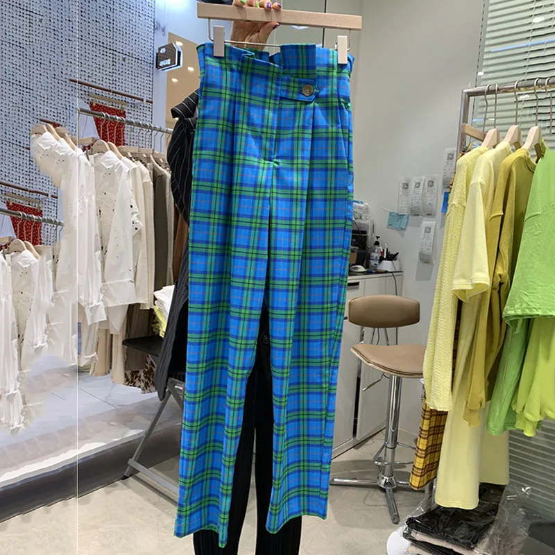 

Korean 2022 Autumn Spring Women Pants High Waist Plaid Wide Leg Lady Checkered Ankle-Length Trousers