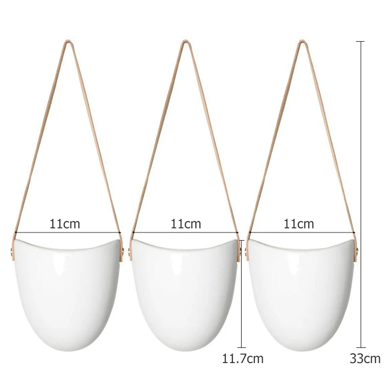 Set of 3 Ceramic Hanging Planters for Succulent Air Plants Flower Pots with Leather Strap Wall Flowerpots Home Garden Decoration image 2