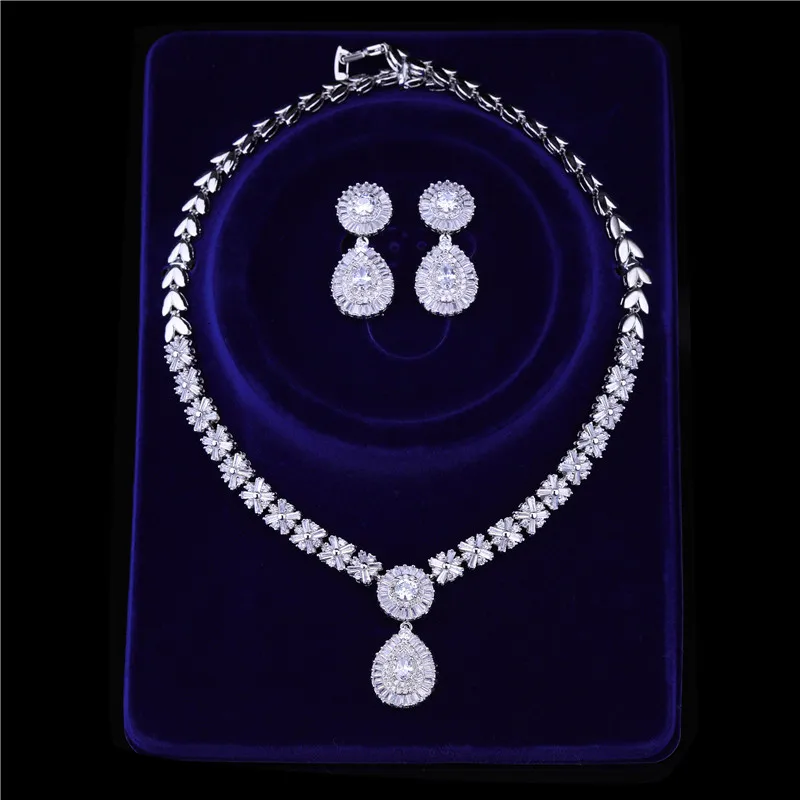 HUAMI Luxury 2pcs Bridal Jewelry Sets Wedding Banquet Silver Color Women Costume Accessories Drop Earrings and Necklace Sets