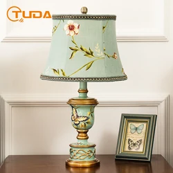 TUDA American Style Vintage Green Resin Flower Table Lamp for Bedroom European Style Retro Living Room Bedroom Bedside Lamp