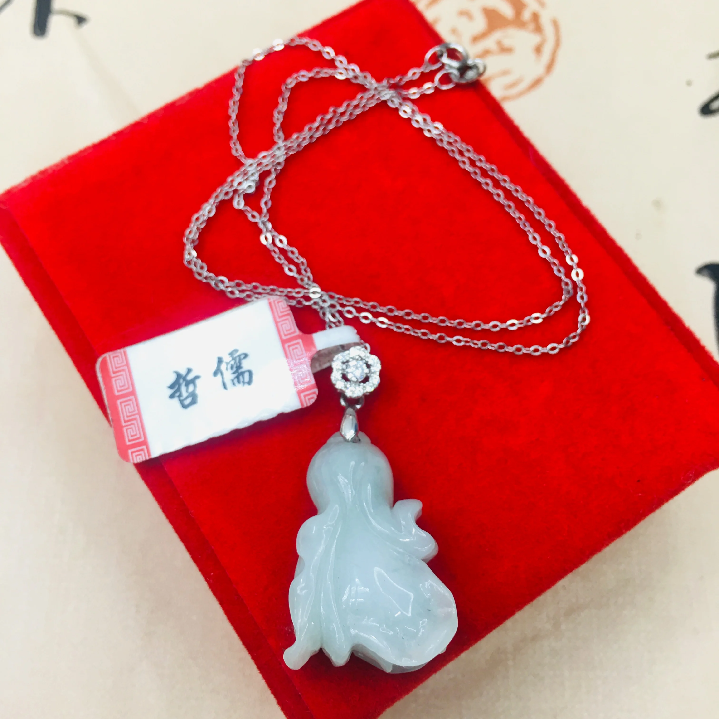 Natural Burmese Ajadeite Carved Jade Cabbage Pendant with 925 Sterling Silver Necklace Elegant Lady Jade Clavicle Chain