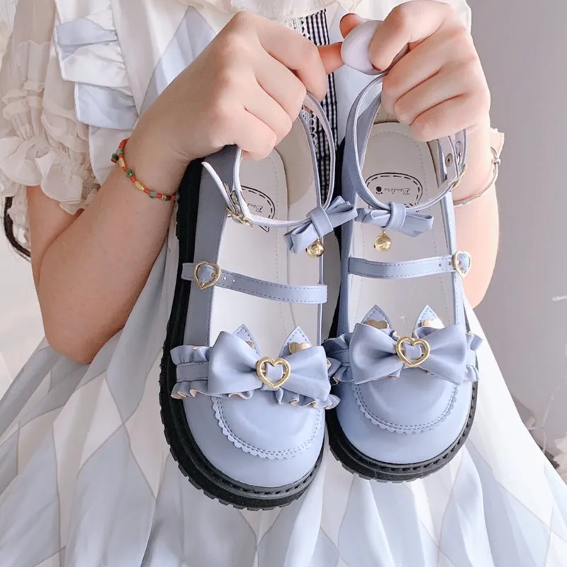 

Women Lolita Cosplay Shoes Girls Bows Sweet Chunky Cross Strap Block Heel Mary Jane Pumps Cloth Inner Japanese Harajuku Style