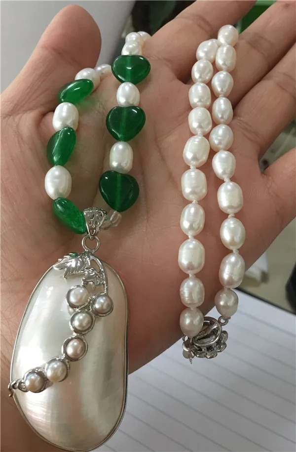 HABITOO Fashion Natural 8-9mm White Rice Freshwater Pearl Heart Shape Green Jade Bead Necklace Big Shell Pendant Women Jewelry