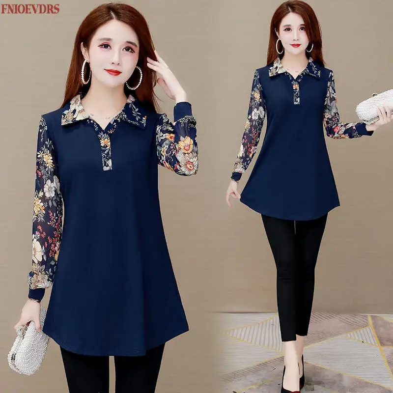 Women Winter Spring Basic Wear Elegant Office Lady Floral Printed Loose Lazy Casual Faux Two Piece Peplum Tops And Blouses 1012