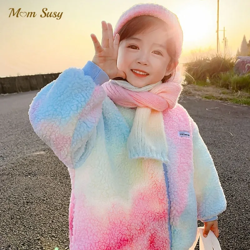 

Fashion Baby Girl Tie Dye Fleece Jacket Infant Toddler Child Sheeplike Coat Spring Autumn Winter Outwear Baby Clothes 1-12Y