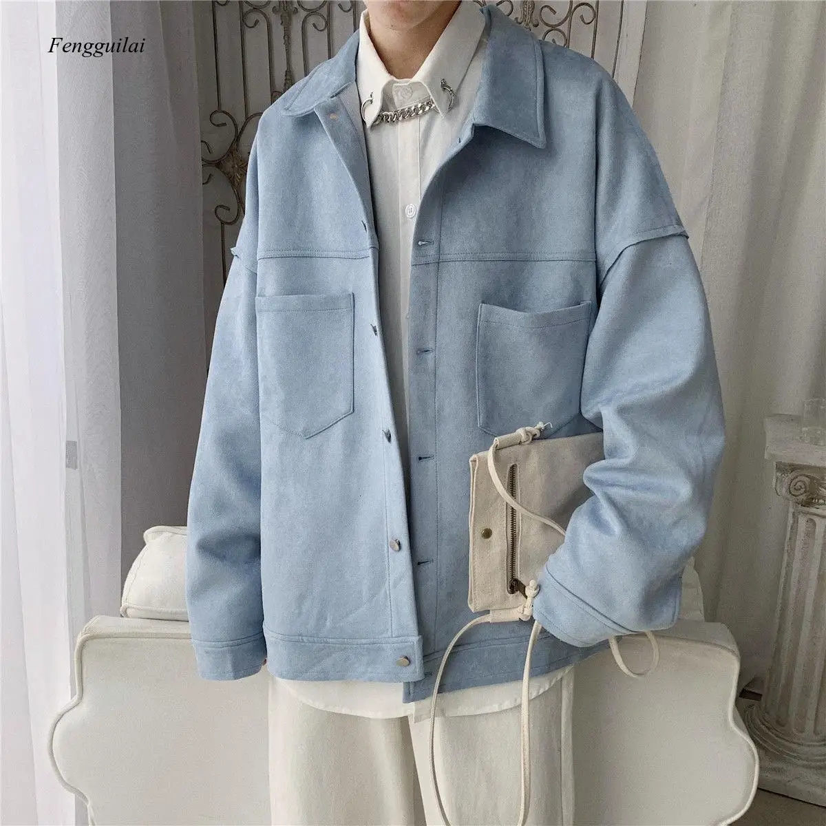 Men's Solid Oversized Suede Jackets Korean Style Casual Loose Coats 2020 Autumn New Men's Fashion Outerwear