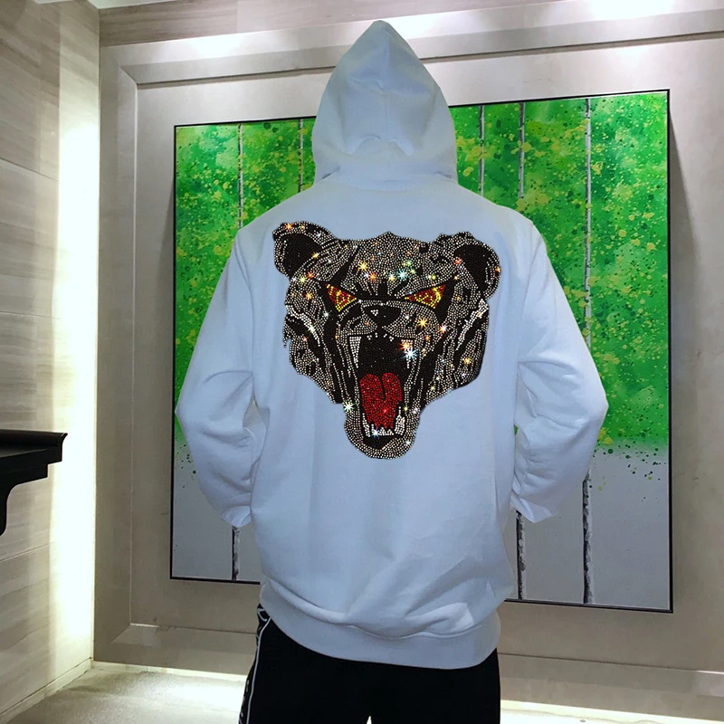 

Party Fashion 100% Cotton Long Sleeves Male Warmth Hoody Handsome Casual Sports Rhinestone Men's Hoodie With Hat