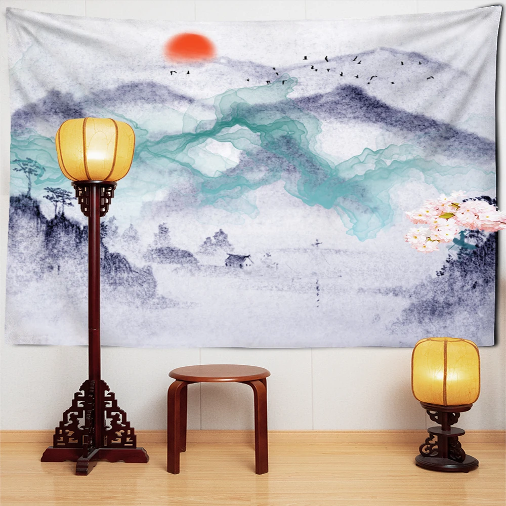 Japanese Chinese Sun Landscape Painting Tapestry China Ink Mountain Tree Garden Brush Wall Hangings Red Sun Tapestry Home Decor