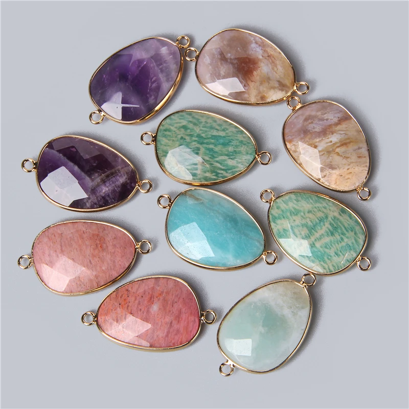 2PCS Double Sided Faceted Natural Stone Pendant Connector Charm for Jewelry Making Earring Necklace Bracelet Accessories 22x38MM
