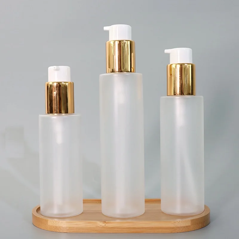 20pcs Lotion Bottle Flat Frosted Shampoo Soap Dispenser Facial Cleanser Gold Pump Plastic Refillable Bottle 100ml 120ml 150ml