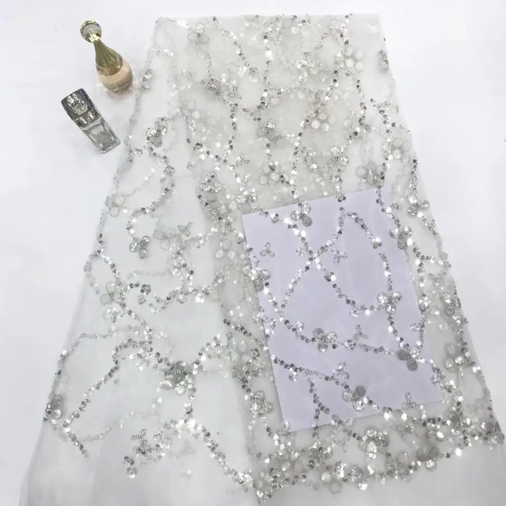 stock   5yards/bag   Silver embroidery sequin beaded high-grade fabric with simple style for wedding dress design       ST92#