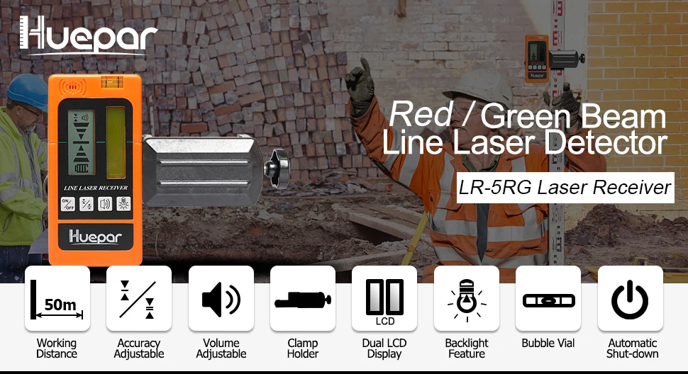 Huepar Digital LCD Laser Receiver Outdoor Mode Laser Detector Available For Pulsing Green Red Beam Cross Line Laser Level Clamp