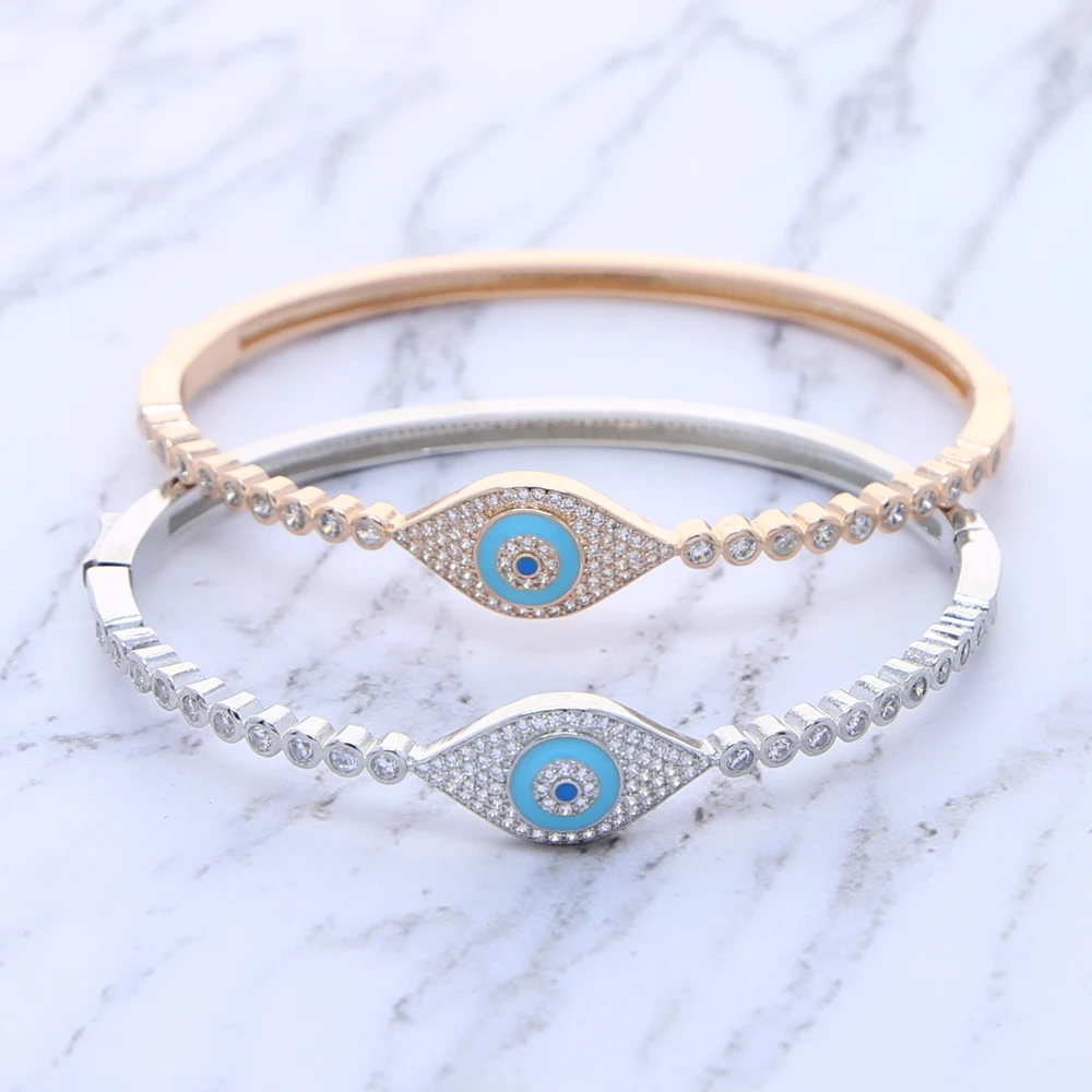 2024 High Quality Fashion Lucky Turkish Round Evil Eye Charm Bangle For Women Shiny 5A Cubic Zircon CZ Blue Stone Jewelry Gift