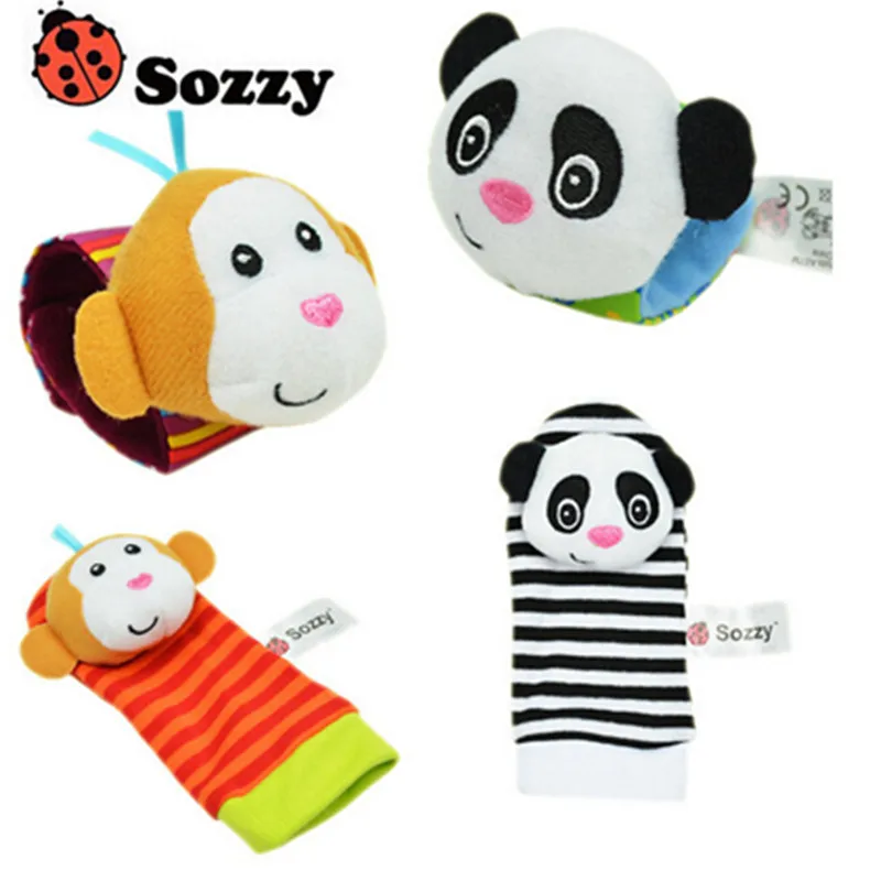 100pcs / 25 sets of newborn baby rattle toys Sozzy Garden Bug animal cute cartoon wrist rattle and plush socks wholesale