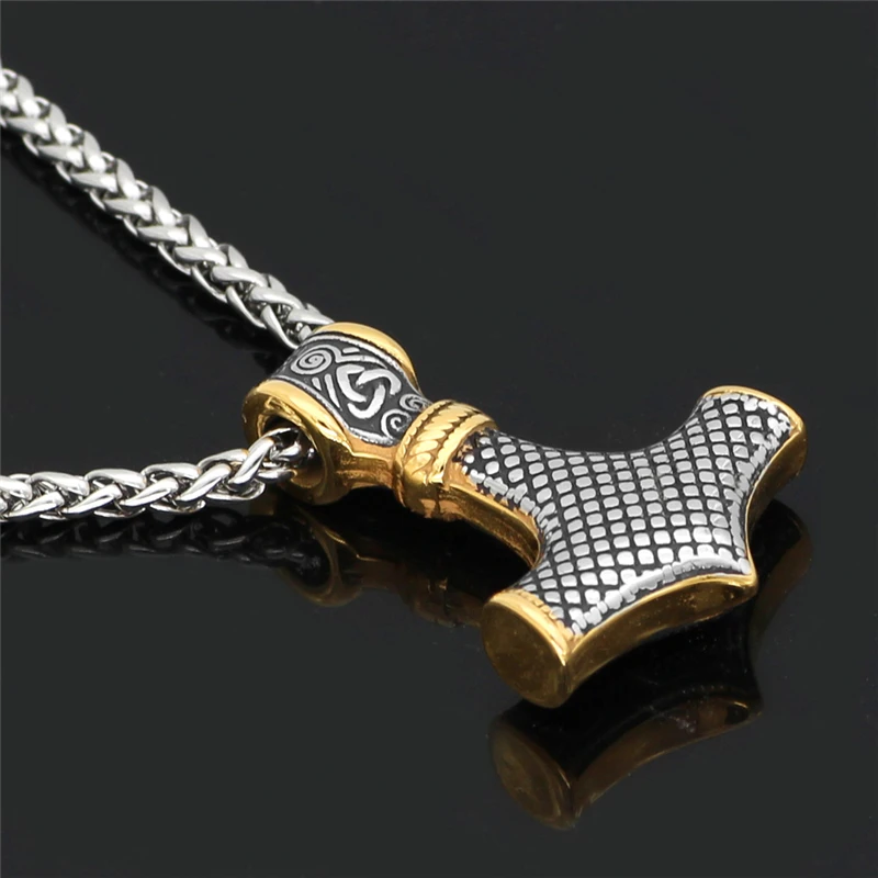 Punk Edelstahl Nordische Wikinger Amulett Anhänger Kette Odins Goldfarbener Thors Hammer Halsketten Herren Ethno-Schmuck Geschenke – Detail 14