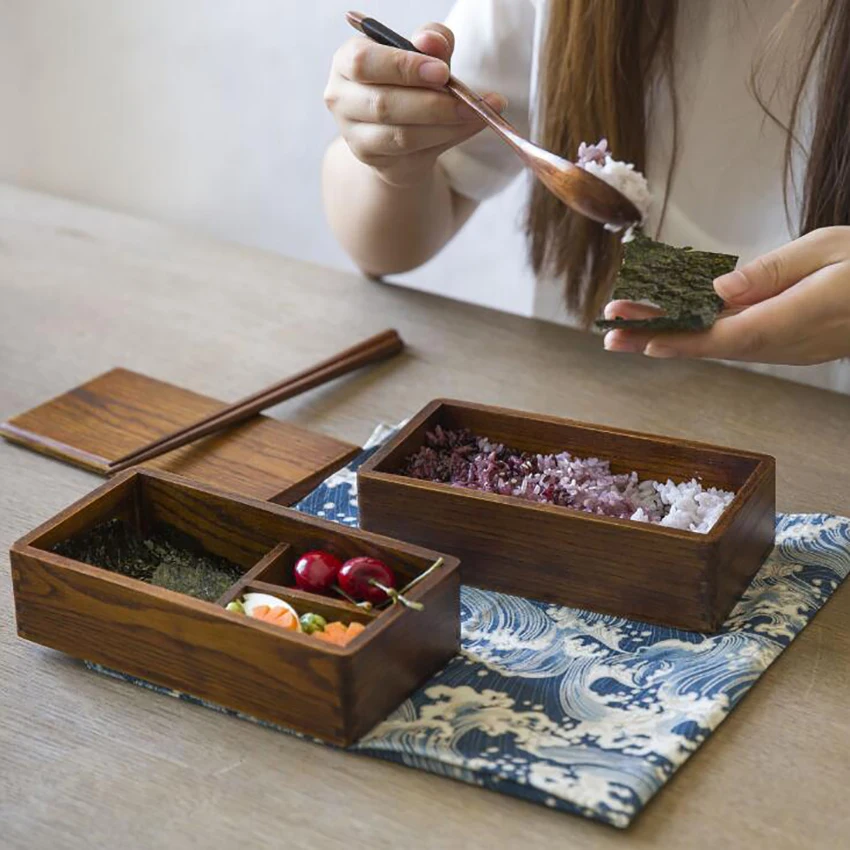 Rectangular Japanese Lunch Box Double Layer Wooden Lunch Box with Compartment, Food Storage & Organization Container for Adults