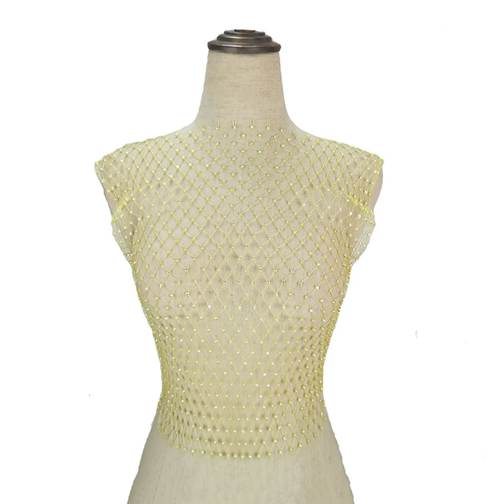 Mode Frauen Sexy Mode Strass Fishnet Design Rundhals Ärmelloses Top Bluse Perspektive Mesh Schwarz Fishnet Kleidung