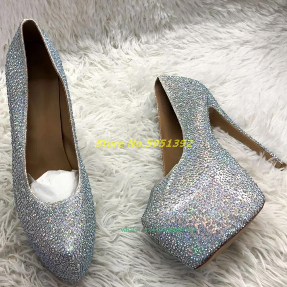 Luxurious Diamond Pumps Shiny Crystal Studded Closed Toe Stiletto Heel Wedding Shoes Platform Slip On Thin High Heel Dress Shoes