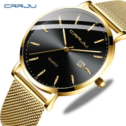 Crrju relógio de pulso de quartzo masculino, relógio fashion clássico ultra fino e impermeável com display de data em aço para homens e mulheres