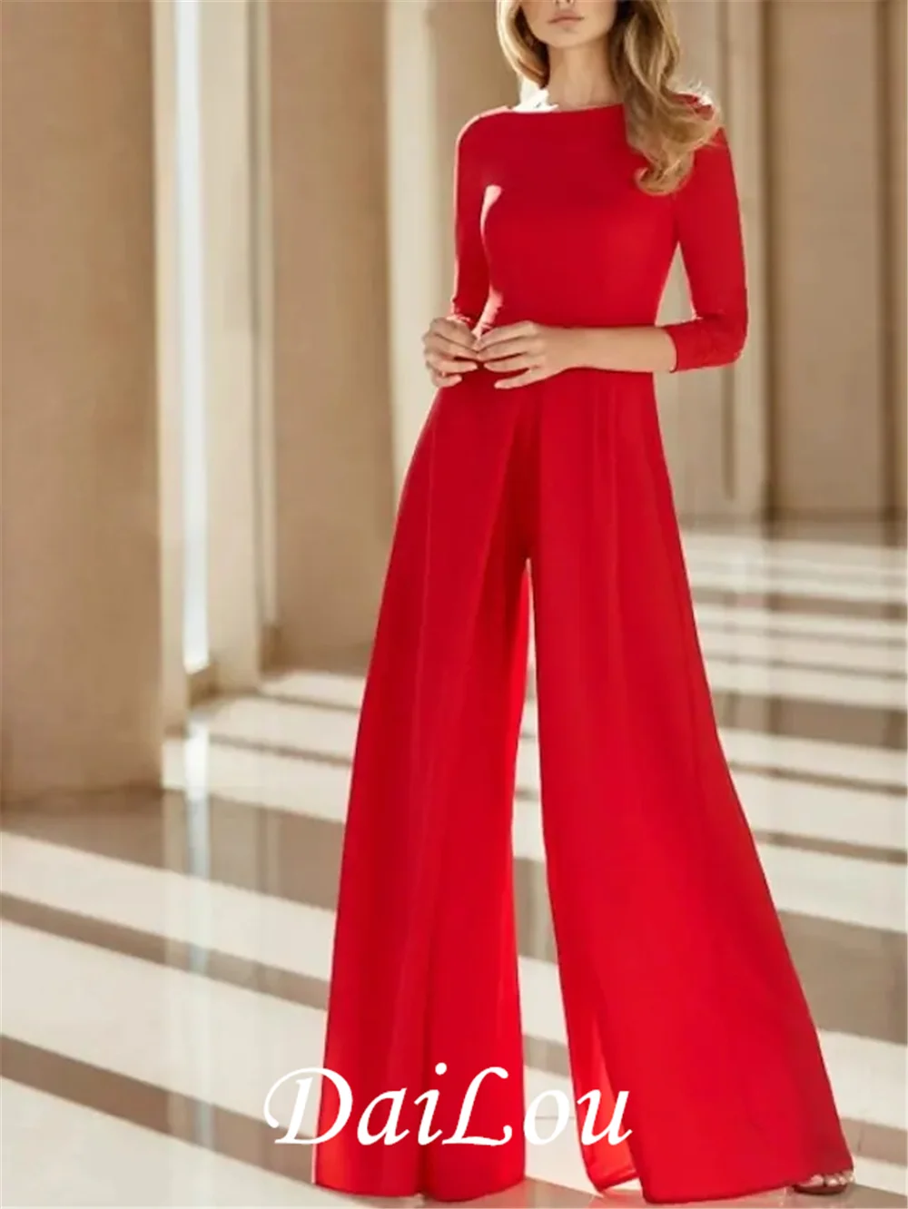 Bộ Đồ Bay Jumpsuits Mẹ Của Cô Dâu Đầm Thanh Lịch Viên Ngọc Cổ Tầng Dài Voan 3/4 Chiều Dài Tay Với Tất/Ruy Băng 2021