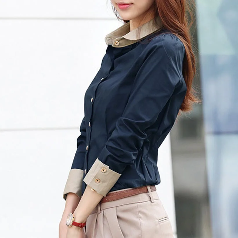 Neue Koreanische Tops Frauen Shirts Büro Dame Dünne Plus Größe Chiffon Blusen Casual Revers Lange Hülse Blusa Patchwork Frühling Bluse