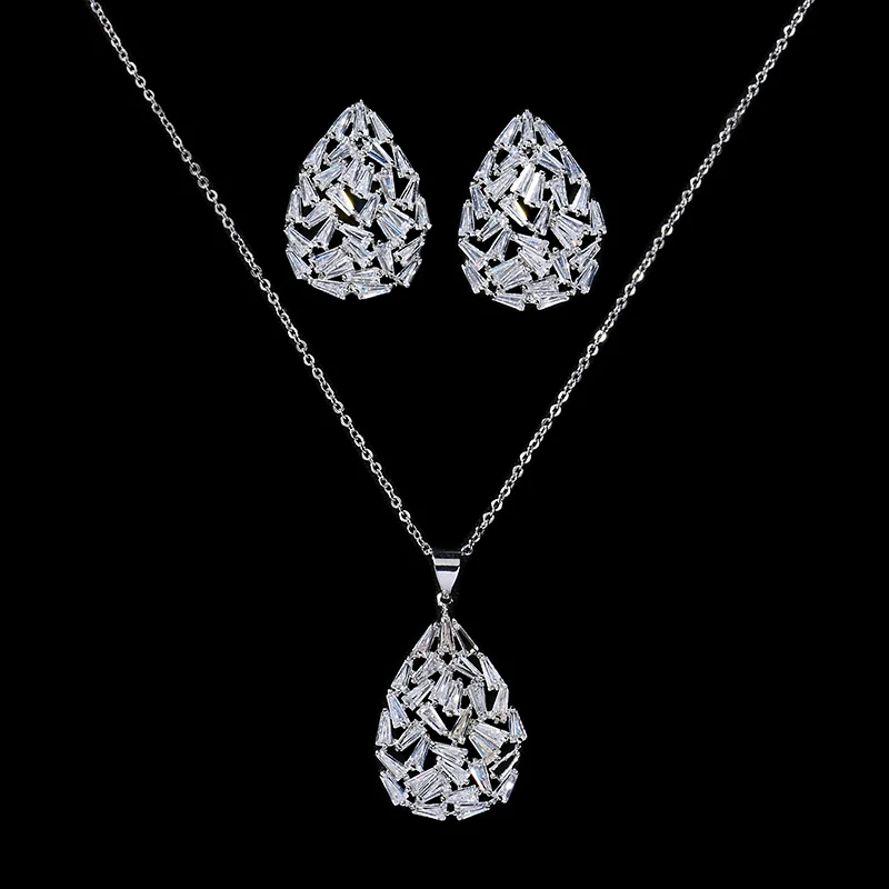 Jewelry Sets HADIYANA Classical Delicate Women Wedding Water Droplets Shape Bridal Necklace And Earrings Set CN321 Bisuteria
