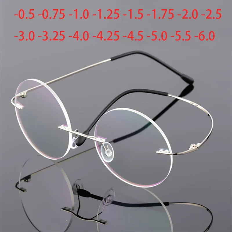 Women Ultra Light Titanium Rimless Round Myopia Eyeglasses Optical Glasses Men Eyewear -0.5 -0.75 -1.0 -1.5 -2.0 -2.5 To -5.0