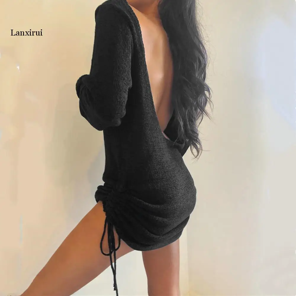 Sexy Backless Sweater Dress Women Autumn O-Neck Long Sleeve Solid Color Loose Shrinkage Drawstring Lace Up Mini Dresses Vestidos