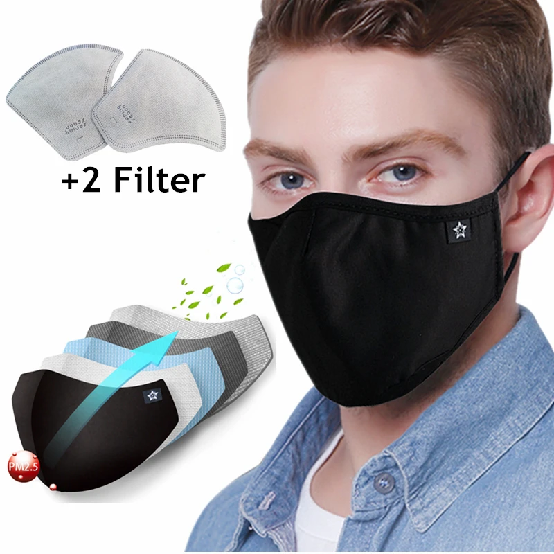 1PC Maske + 2 Filter Männer Schwarz PM 2,5 Baumwolle Anti Dunst Anti-staub Anti-fog-Maske aktivkohle Filter Mund Gesicht Maske waschbar