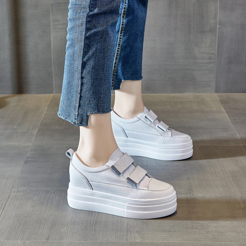 Women's Flat Platform Shoes 2021 Spring Autumn Genuine Leather Hook Loop Women White Sneakers Female Shoes Hidden Heel Sneakers