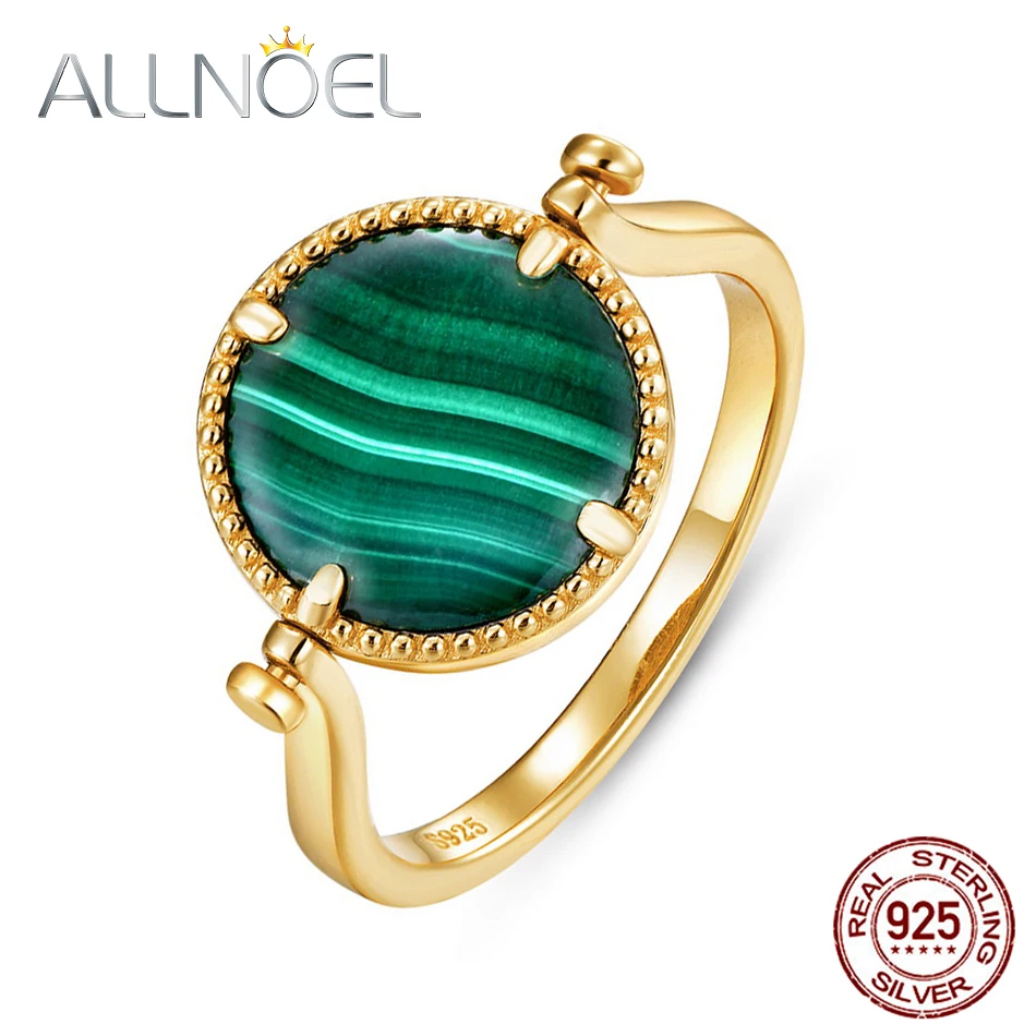 ALLNOEL Natural 10mm Green Malachite Blue Sands 925 Sterling Silver Rings For Women Rotatable Elegant Gold Plated Fine Jewelry