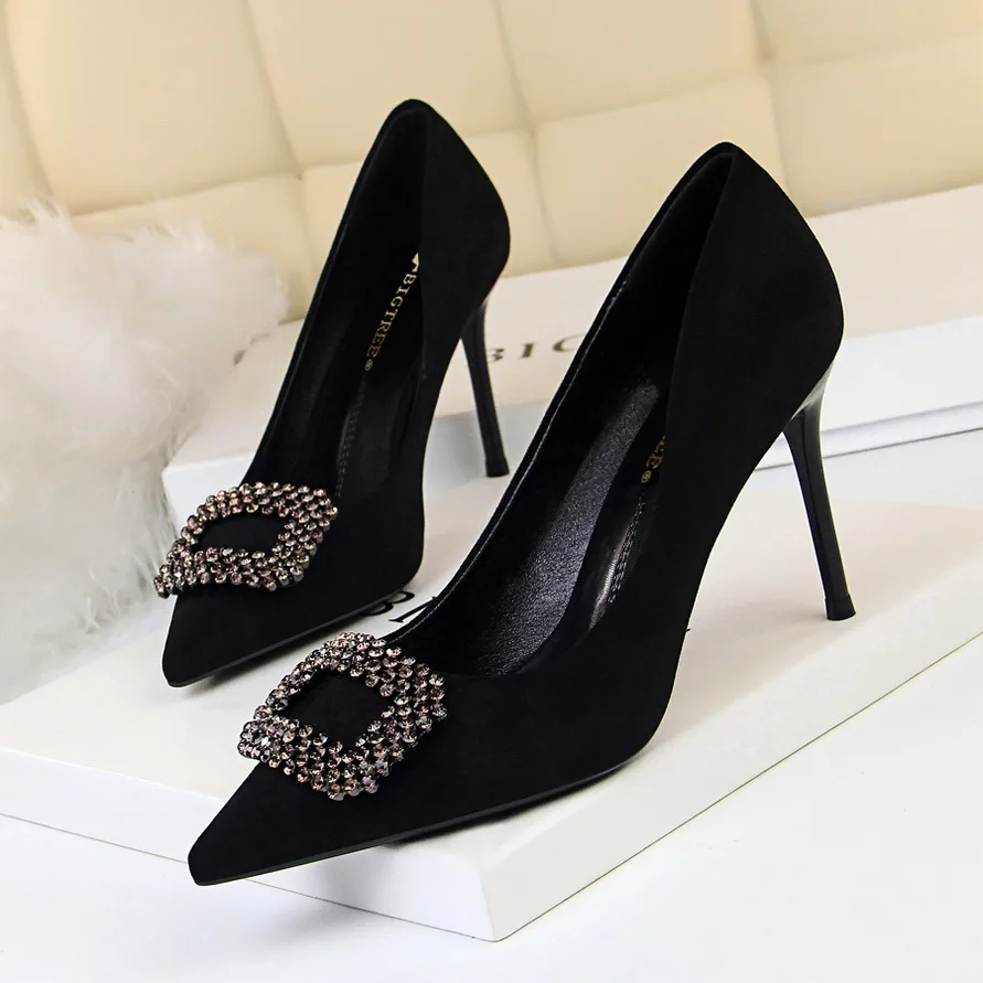 

Rhinestone Heels Yellow Shoes Bigtree Shoes Extreme High Heels Stiletto Pointed Top Evening Shoes Black Heels Big Size 43 Buty