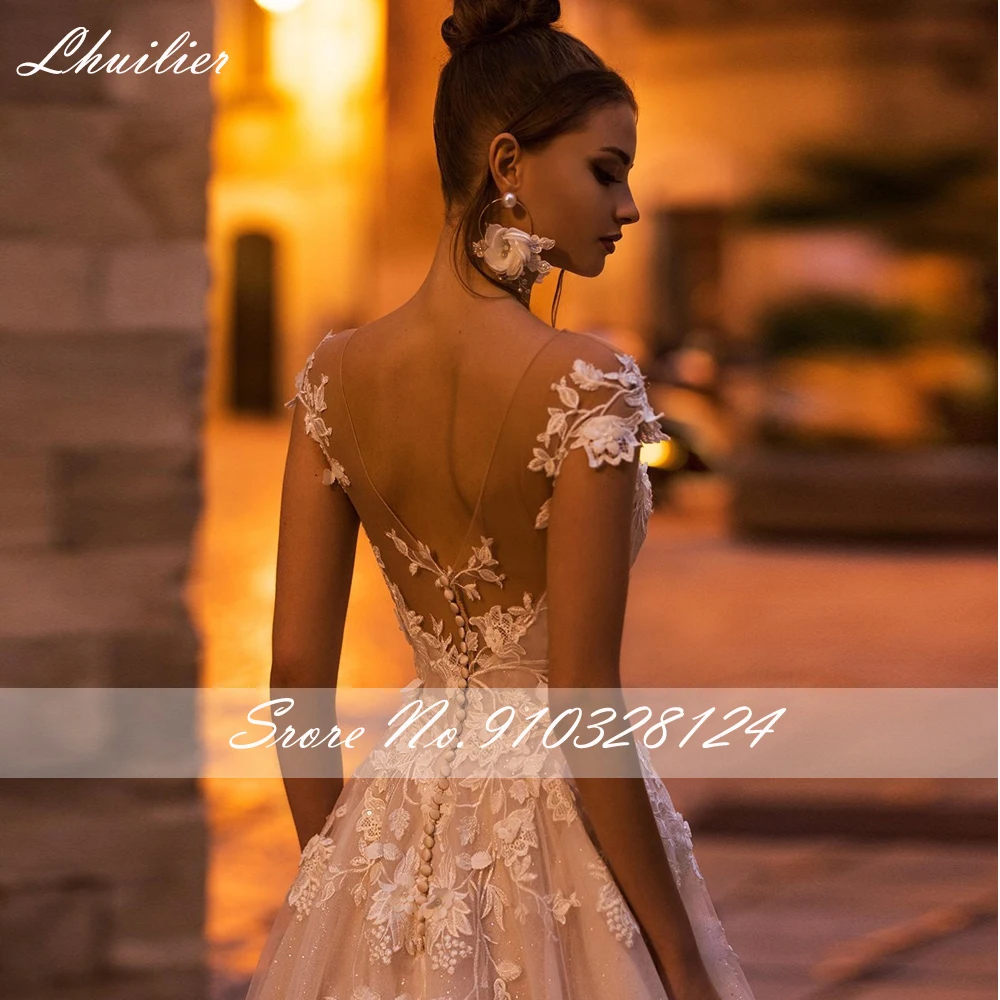 Lhuilier A Line abiti da sposa Glitter scollo tondo lunghezza pavimento abiti da sposa corte treno con applicazioni di pizzo