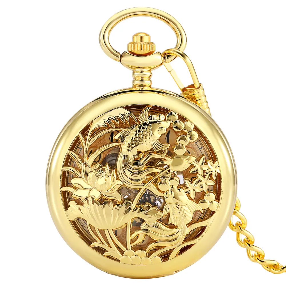 

Royal Golden Hollow Out Fish Design Manual Mechanical Pocket Watch Men Arabic Numerals Dial Women 30cm Thick Chain Pendant Gift