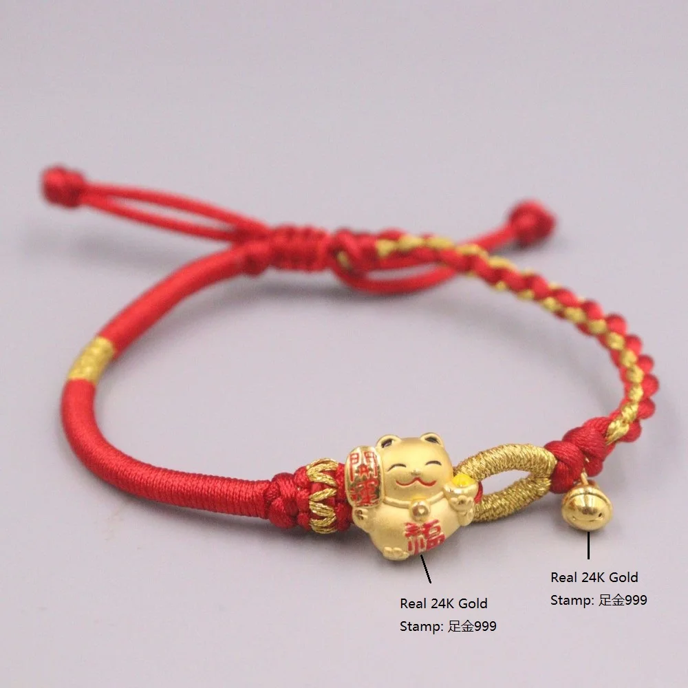 

Genuine 24K Yellow Gold Lovely Cat with Bell Red Cord Bracelet Length from 5" to 15"