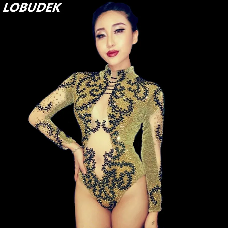 

Sexy Gold Crystals Leotard Bodysuit Jazz DJ Dance Clothing Christmas Carnival Club Bar Female Singer Stage Performance Costume