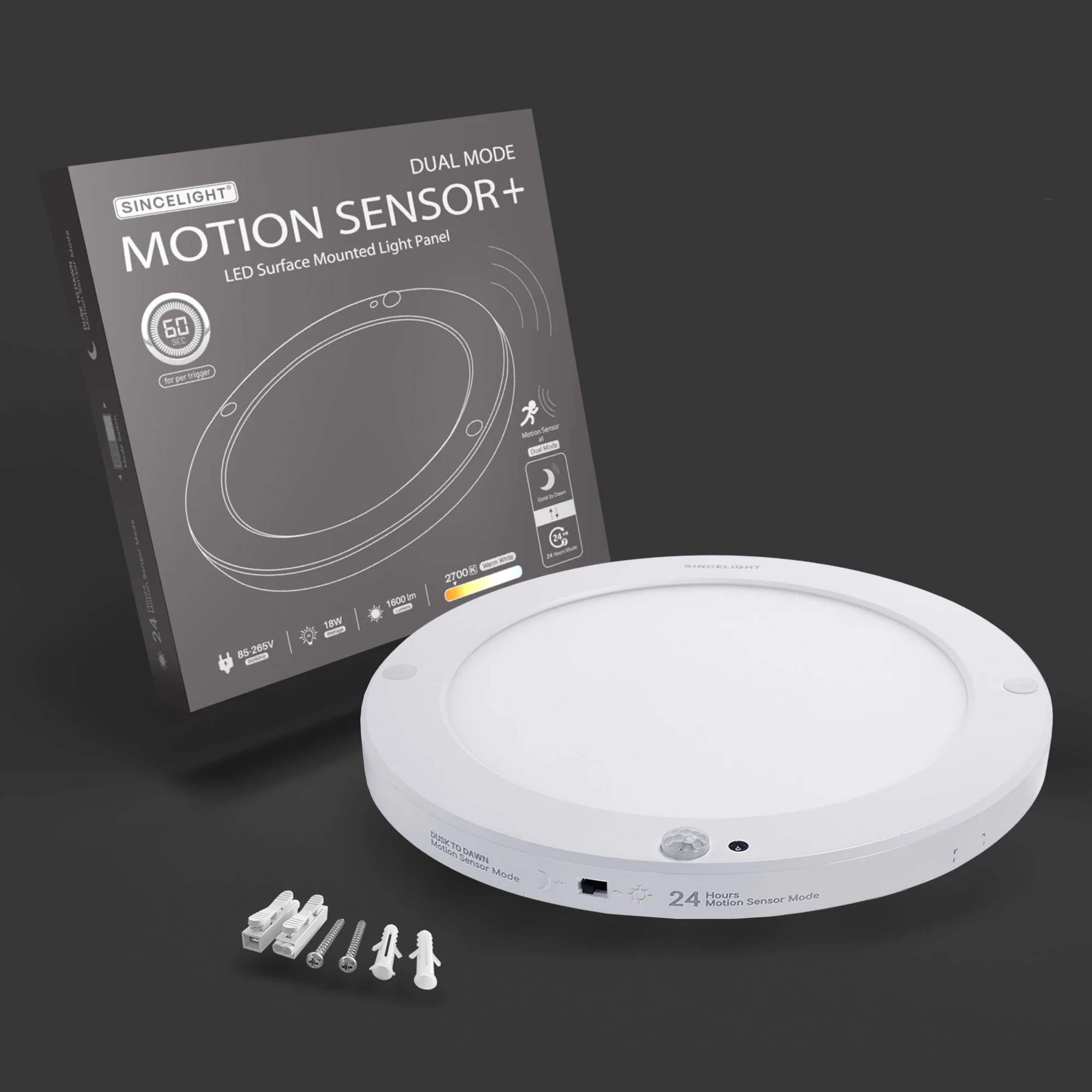 LED Motion Sensor Round Panel Ceiling Lamp Light Fixture 18W with Light Sensor and PIR Motion Detector Dual Mode Switchable