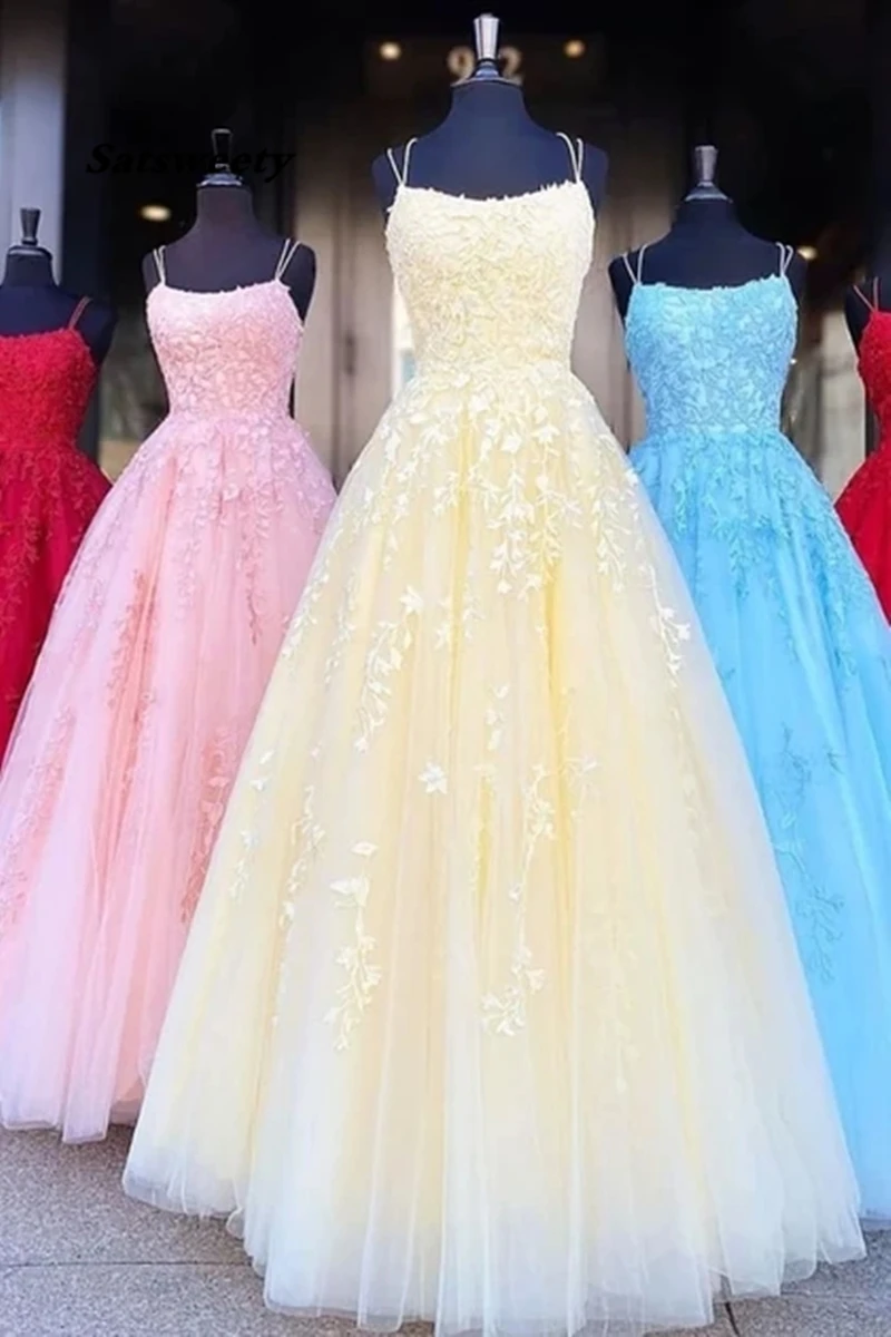 Uma linha de apliques Tule renda vestidos de baile, cintas princesa espaguete, rosa, vestidos novos, 2024