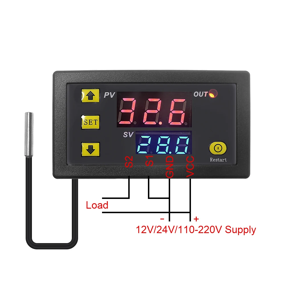 Digital Temperature Controller Thermostat W3230 DC 12V 24V AC110V-220V LED Display Heating Cooling White Black Waterproof Probe