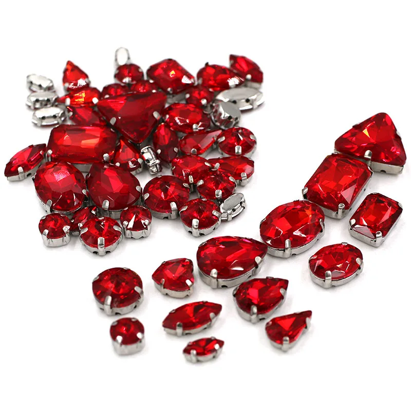 Sell At A Loss! 50Pcs/Bag High Quality Mixed Shape Red Glass Csystal Faltback Sew On Claw Rhinestones Diy Clothing Accessories