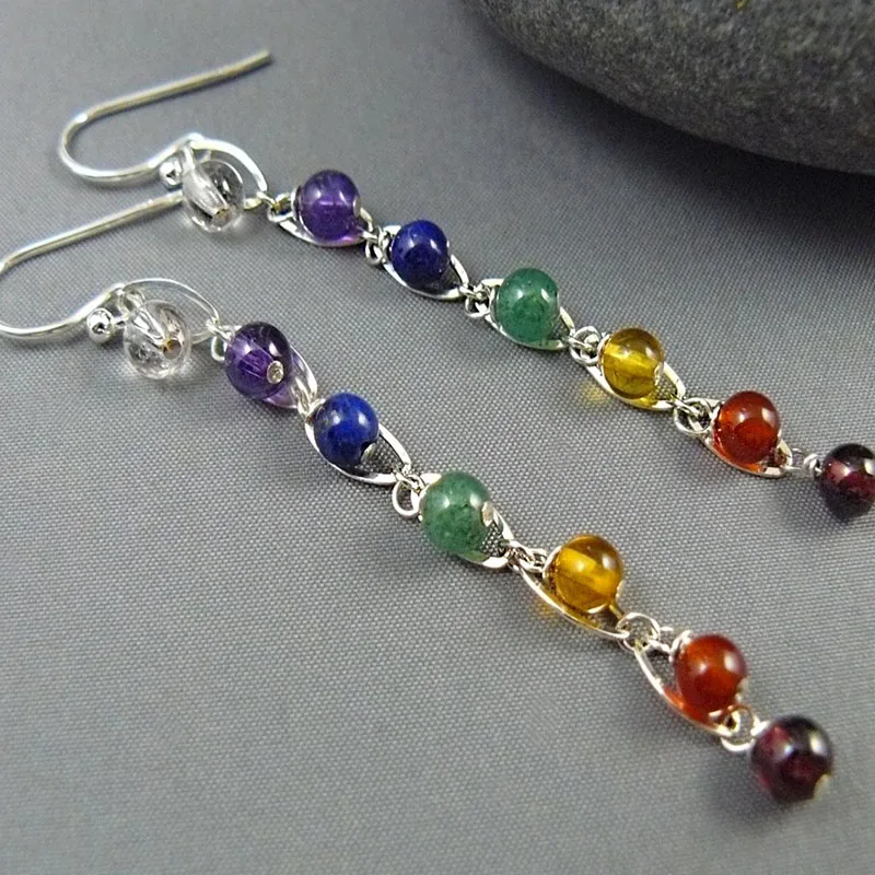 Chakra Threader Earrings , 7 Chakra Jewelry, Threader Earrings Aura Cleansing Healing Jewelry with Meaning