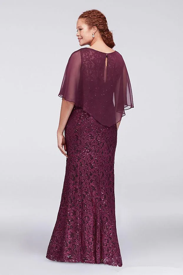 Mutter der Braut Kleider Burgund Plus Spitze Formale kleid Mit Wrap Perlen Jewel Neck Mermaid abendkleid Günstige Boden länge